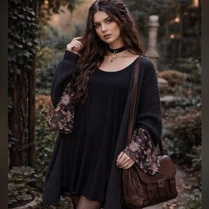 Whimsygoth Black Swing Dress w Floral Sheer Bell Sleeves. Romantic Goth